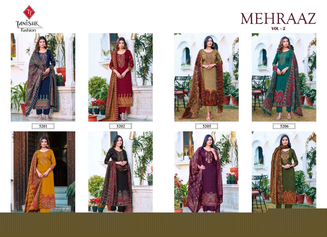 MEHRAAZ VOL-2 BY TANISHK FASHION 5201 TO 5208 SERIES BEAUTIFUL SUITS STYLISH COLORFUL FANCY CASUAL WEAR & ETHNIC WEAR PURE JAM PRINT EMBROIDERED DRESSES AT WHOLESALE PRICE