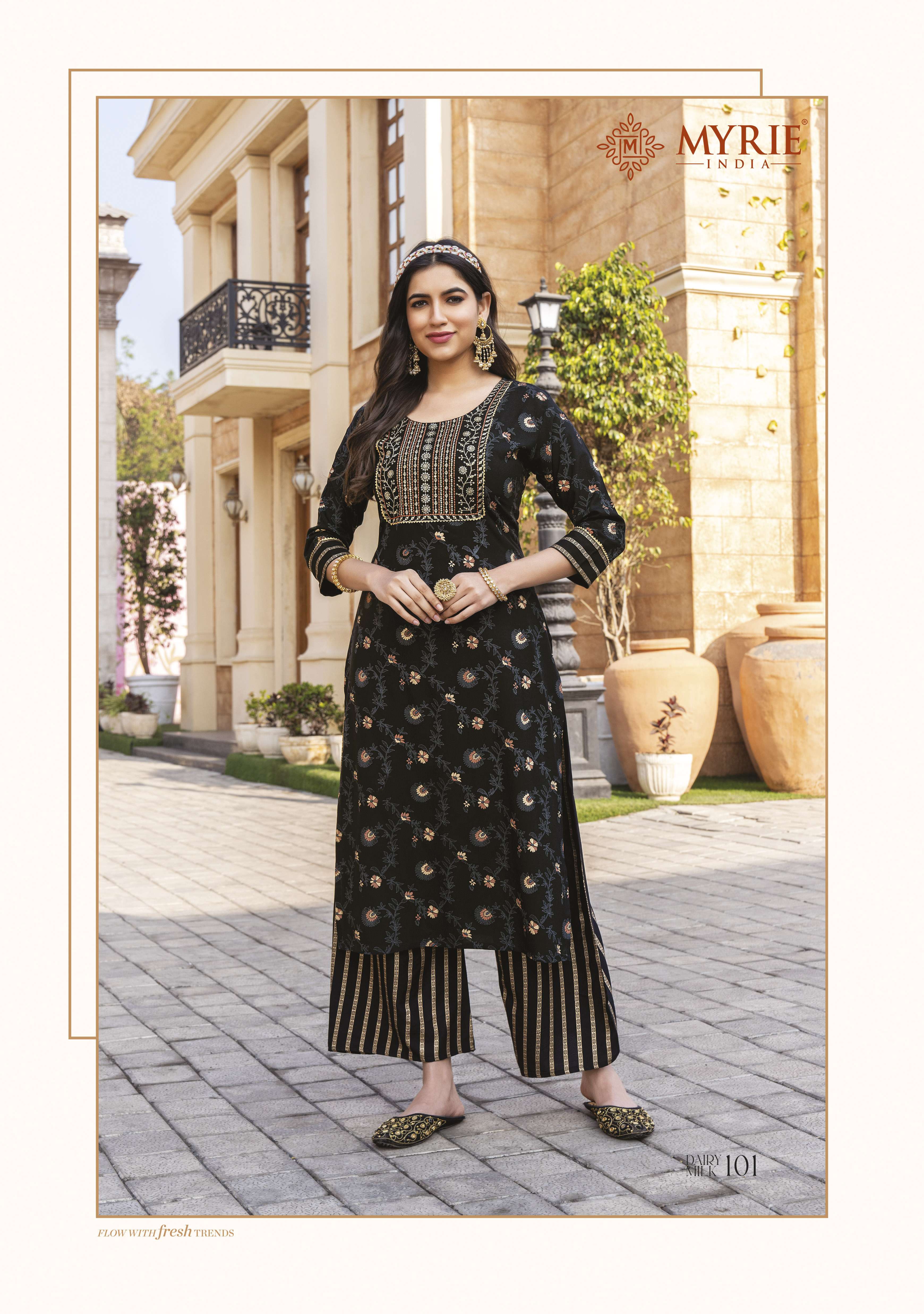 DAIRY MILK BY MYRIE 101 TO 108 SERIES DESIGNER STYLISH FANCY COLORFUL BEAUTIFUL PARTY WEAR & ETHNIC WEAR COLLECTION RAYON PRINT KURTIS WITH BOTTOM AT WHOLESALE PRICE