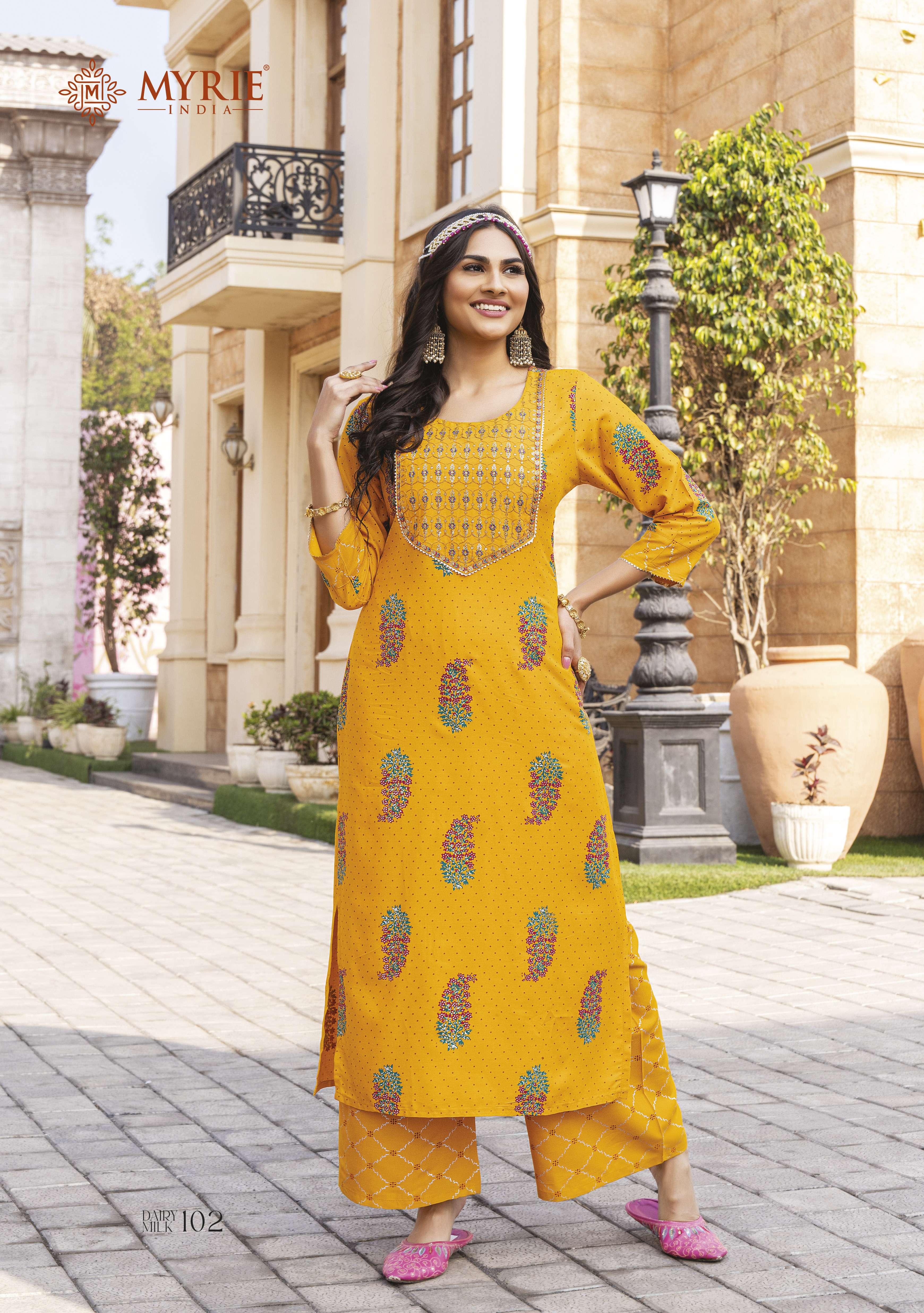 DAIRY MILK BY MYRIE 101 TO 108 SERIES DESIGNER STYLISH FANCY COLORFUL BEAUTIFUL PARTY WEAR & ETHNIC WEAR COLLECTION RAYON PRINT KURTIS WITH BOTTOM AT WHOLESALE PRICE