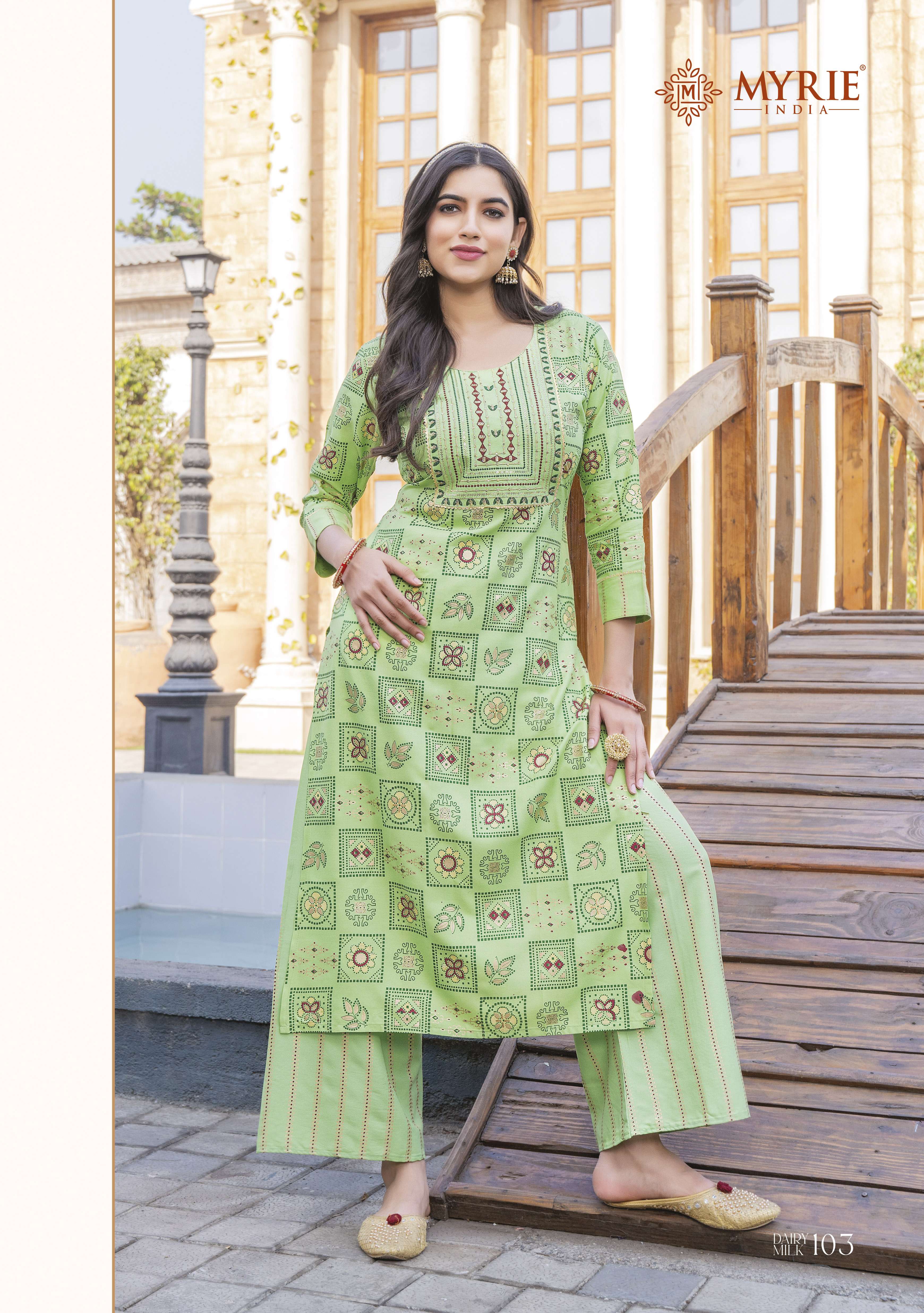DAIRY MILK BY MYRIE 101 TO 108 SERIES DESIGNER STYLISH FANCY COLORFUL BEAUTIFUL PARTY WEAR & ETHNIC WEAR COLLECTION RAYON PRINT KURTIS WITH BOTTOM AT WHOLESALE PRICE