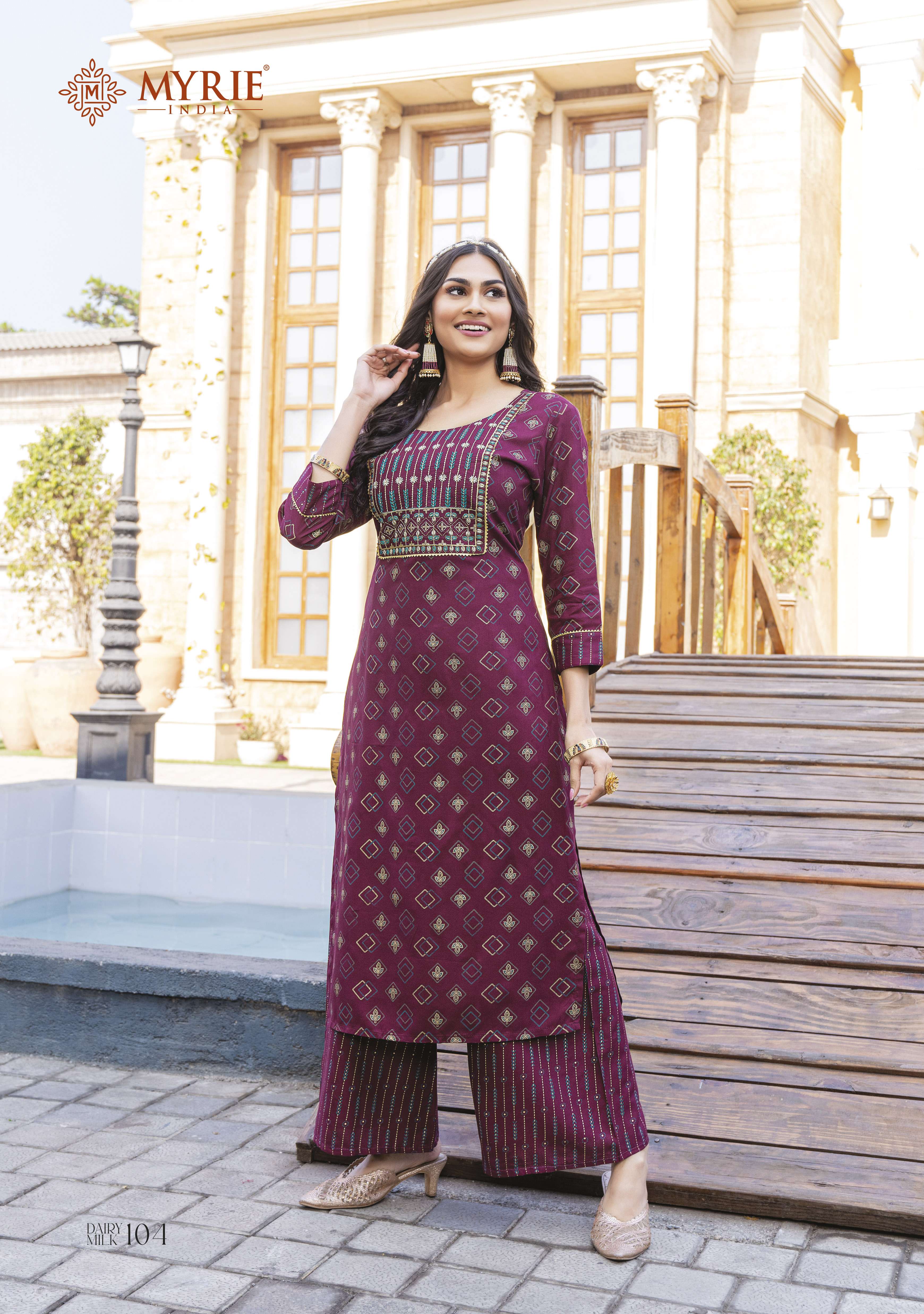 DAIRY MILK BY MYRIE 101 TO 108 SERIES DESIGNER STYLISH FANCY COLORFUL BEAUTIFUL PARTY WEAR & ETHNIC WEAR COLLECTION RAYON PRINT KURTIS WITH BOTTOM AT WHOLESALE PRICE