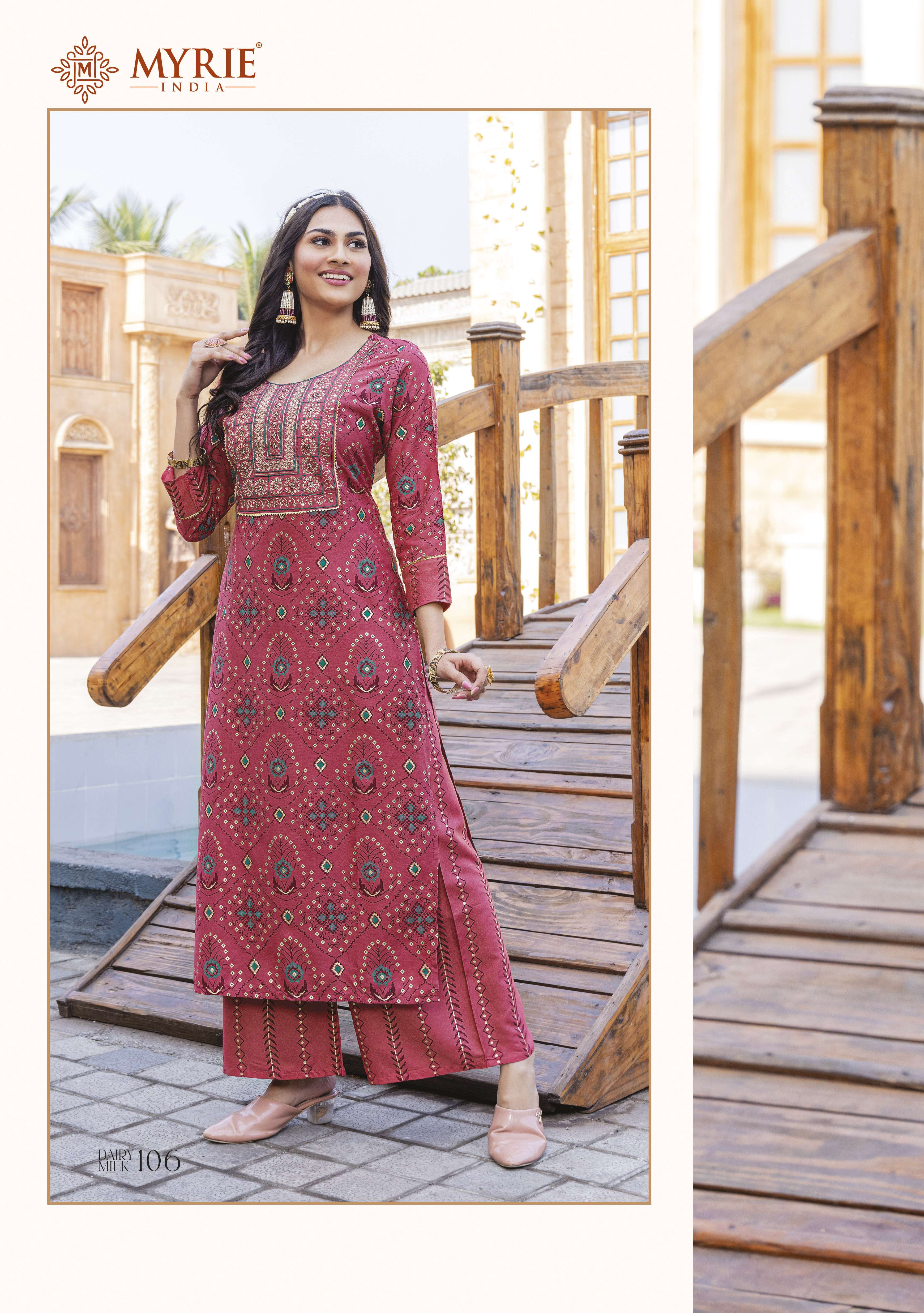 DAIRY MILK BY MYRIE 101 TO 108 SERIES DESIGNER STYLISH FANCY COLORFUL BEAUTIFUL PARTY WEAR & ETHNIC WEAR COLLECTION RAYON PRINT KURTIS WITH BOTTOM AT WHOLESALE PRICE