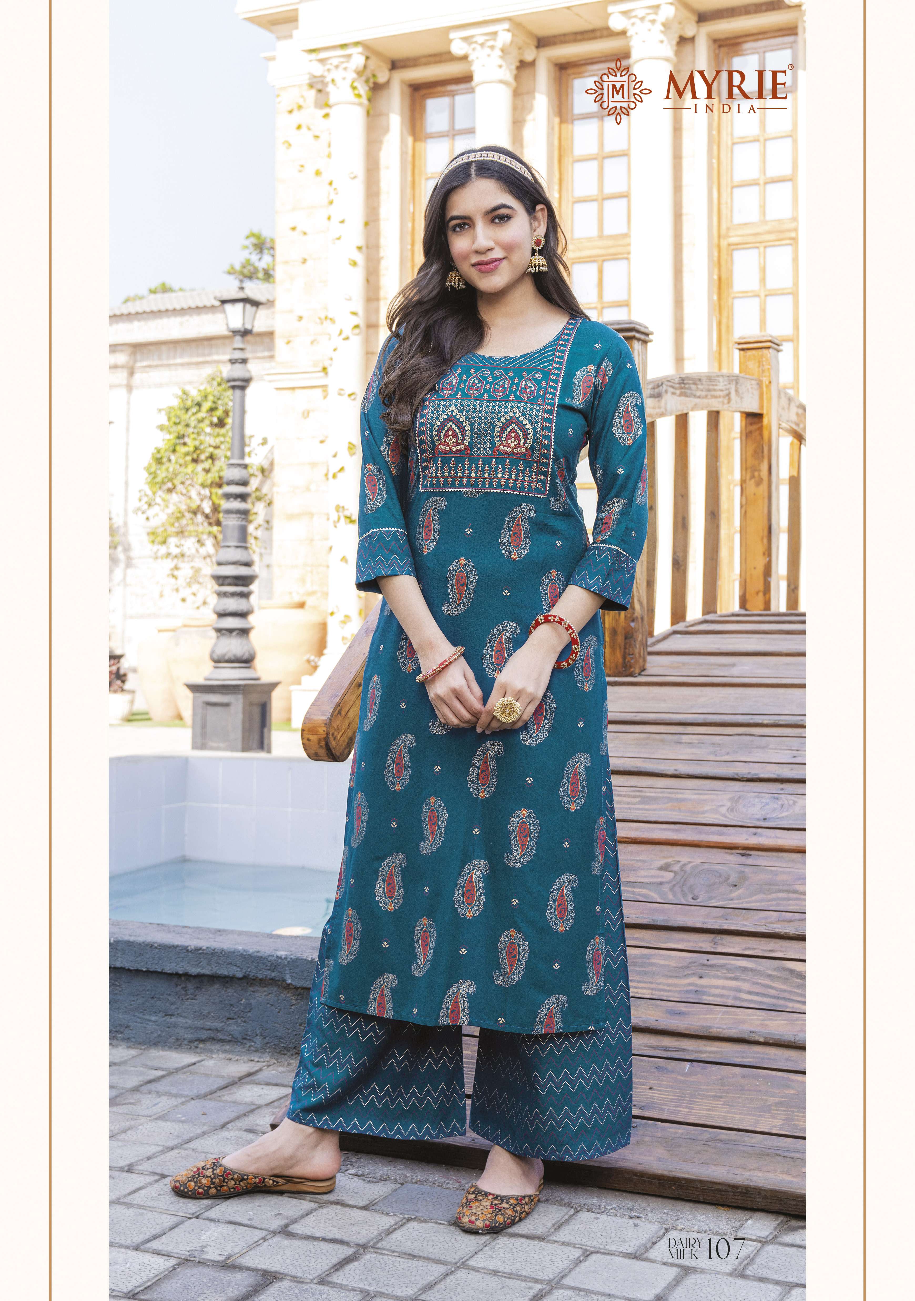 DAIRY MILK BY MYRIE 101 TO 108 SERIES DESIGNER STYLISH FANCY COLORFUL BEAUTIFUL PARTY WEAR & ETHNIC WEAR COLLECTION RAYON PRINT KURTIS WITH BOTTOM AT WHOLESALE PRICE