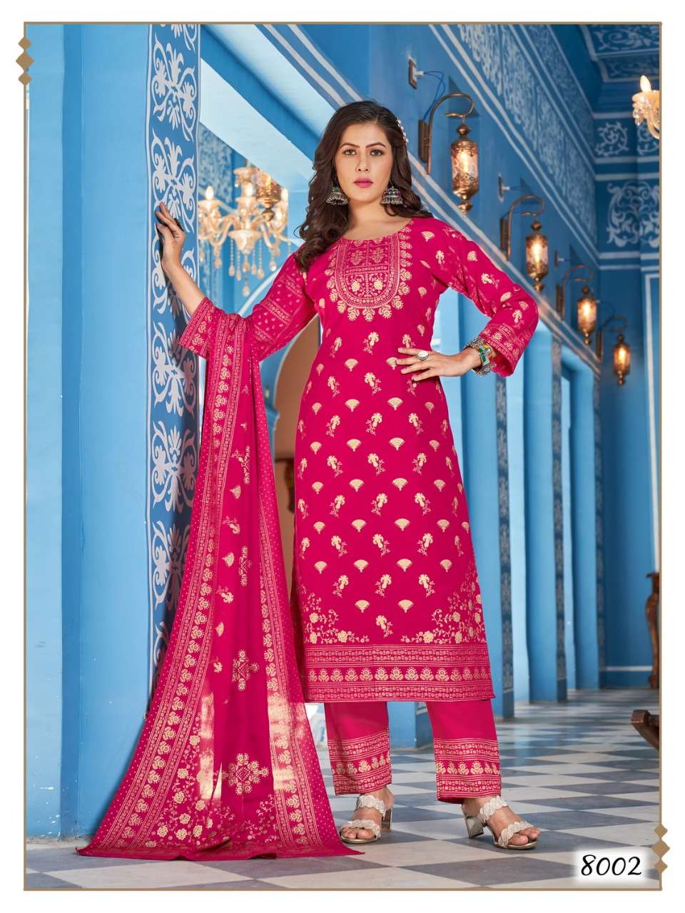 NYKAA VOL-8 BY BANWERY FASHION 8001 TO 8006 SERIES BEAUTIFUL STYLISH SUITS FANCY COLORFUL CASUAL WEAR & ETHNIC WEAR & READY TO WEAR RAYON FOIL DRESSES AT WHOLESALE PRICE