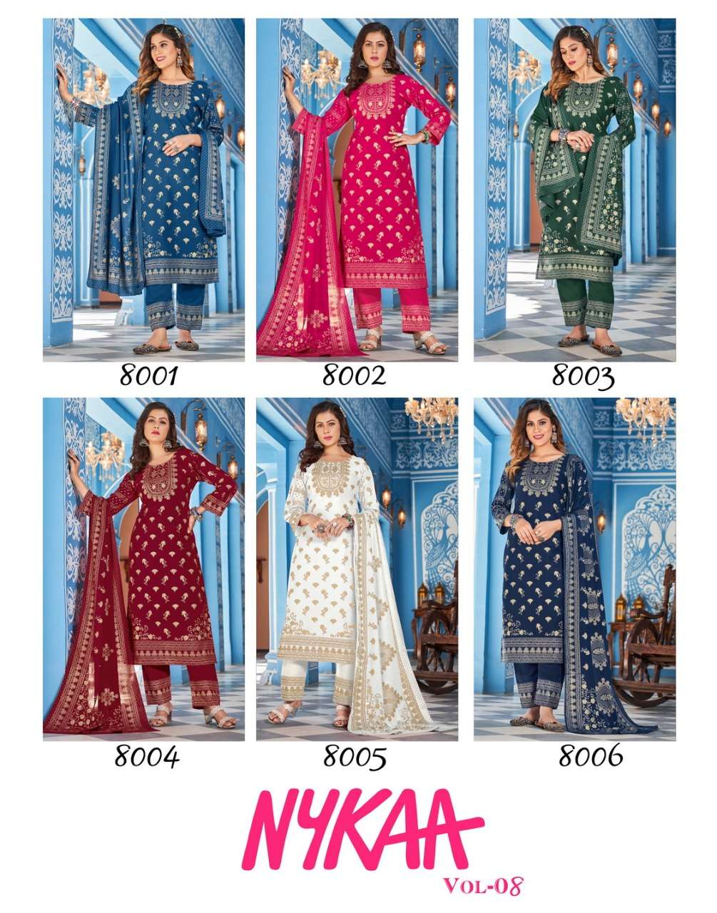 NYKAA VOL-8 BY BANWERY FASHION 8001 TO 8006 SERIES BEAUTIFUL STYLISH SUITS FANCY COLORFUL CASUAL WEAR & ETHNIC WEAR & READY TO WEAR RAYON FOIL DRESSES AT WHOLESALE PRICE