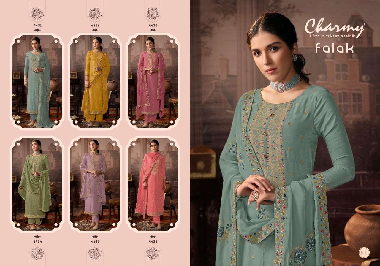 FALAK BY CHARMY 4431 TO 4436 SERIES BEAUTIFUL STYLISH SUITS FANCY COLORFUL CASUAL WEAR & ETHNIC WEAR & READY TO WEAR SILK JACQUARD DRESSES AT WHOLESALE PRICE