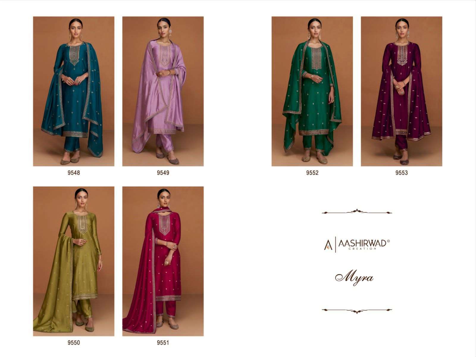 Myra By Aashirwad Creation 9548 To 9553 Series Designer Festive Suits Collection Beautiful Stylish Fancy Colorful Party Wear & Occasional Wear Premium Silk Dresses At Wholesale Price
