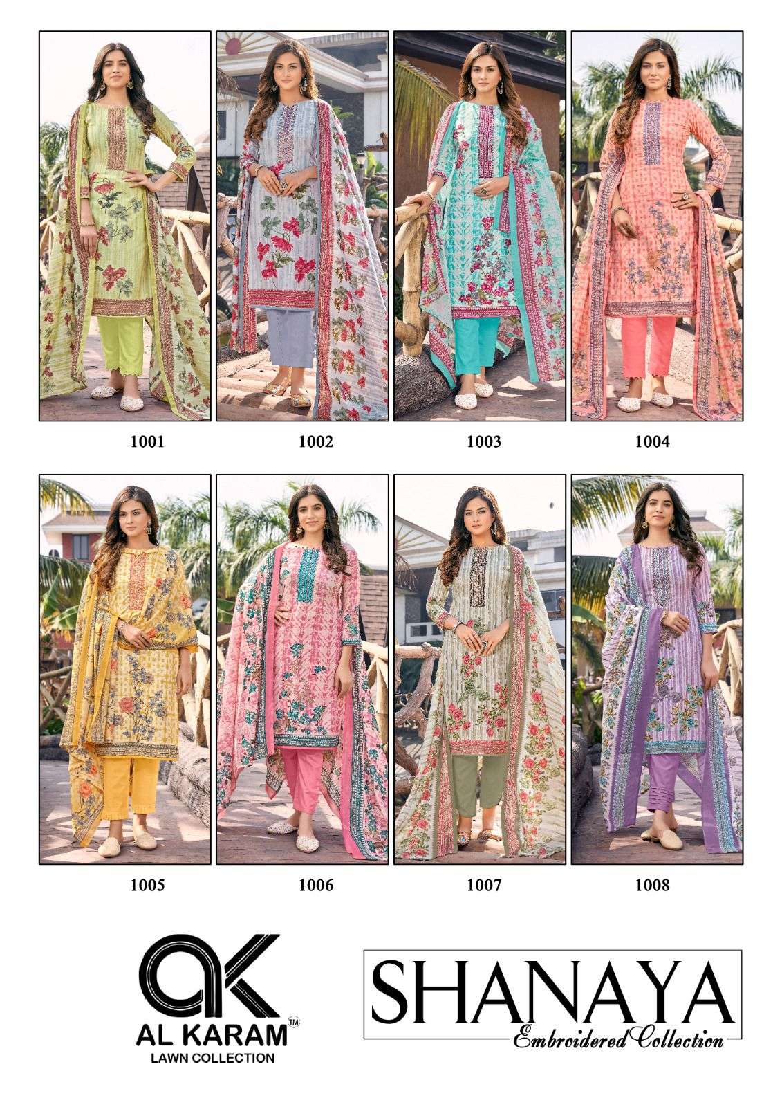 Shanaya By Al Karam Lawn Collection 1001 To 1008 Series Beautiful Suits Stylish Colorful Fancy Casual Wear & Ethnic Wear Cotton Print Dresses At Wholesale Price