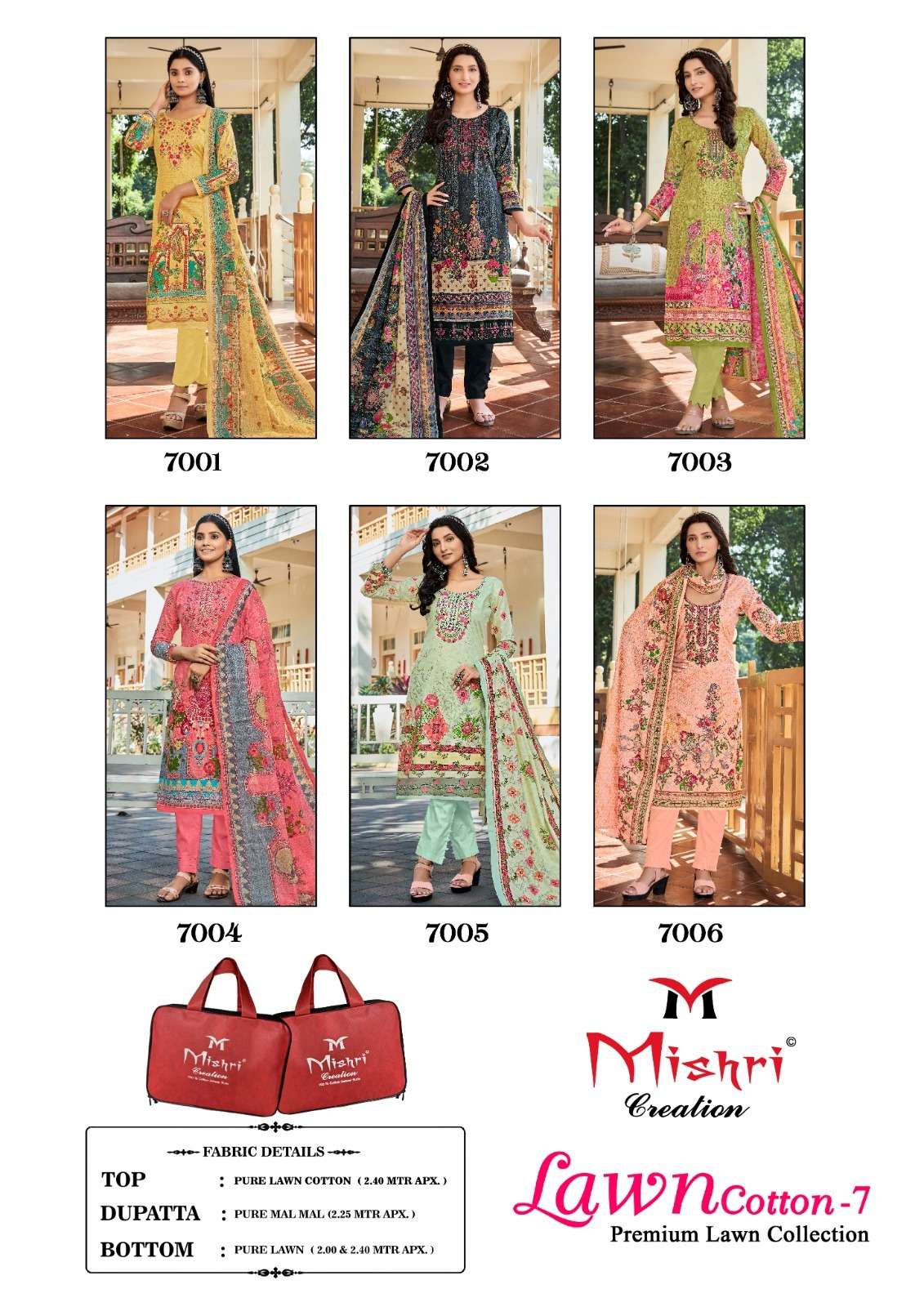 Lawn Cotton Vol-7 By Mishri 7001 To 7006 Series Beautiful Stylish Suits Fancy Colorful Casual Wear & Ethnic Wear & Ready To Wear Pure Cotton Printed Dresses At Wholesale Price