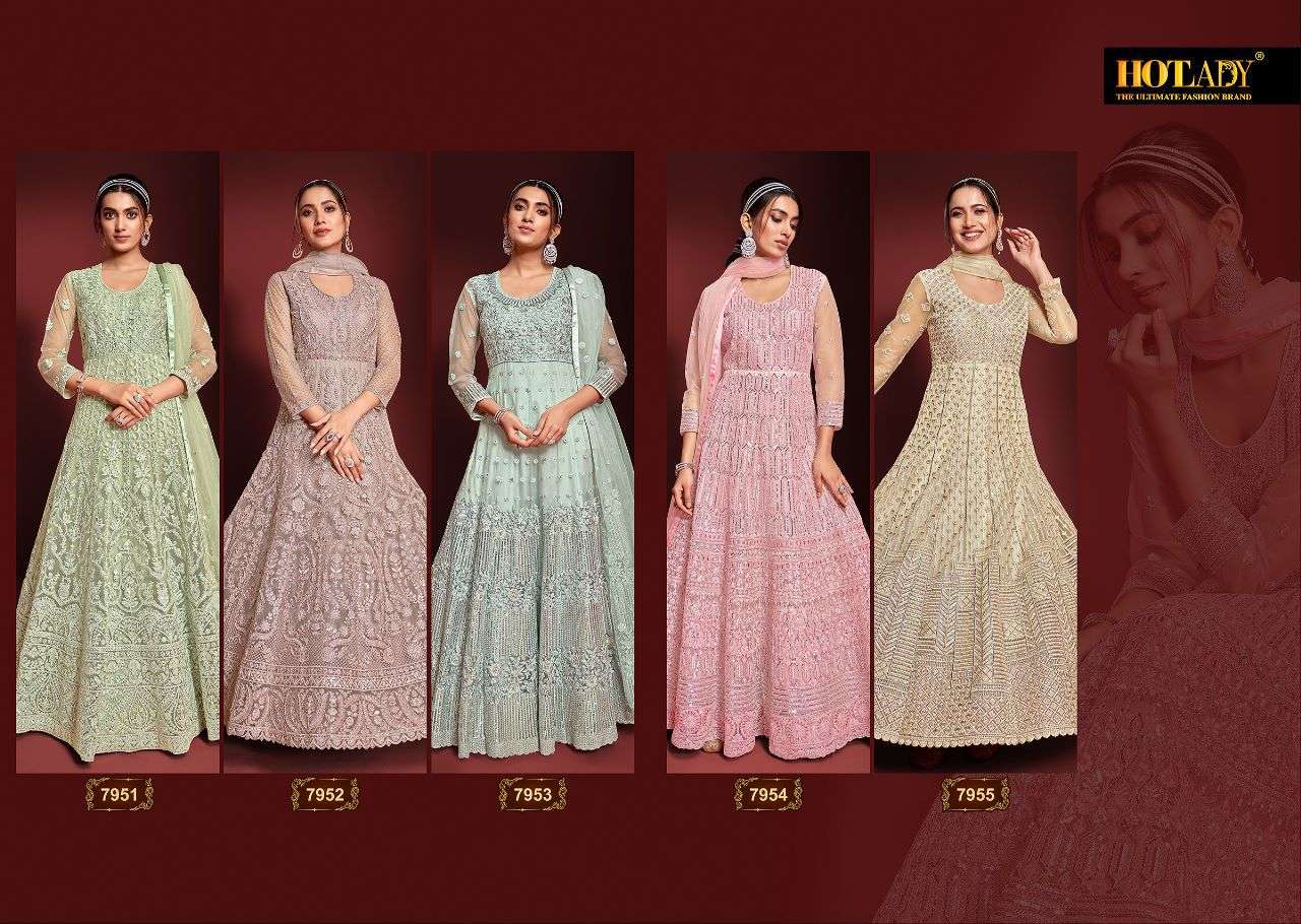 Safeena Vol-23 By Hot Lady 7951 To 7955 Series Designer Anarkali Suits Collection Beautiful Stylish Fancy Colorful Party Wear & Occasional Wear Net Embroidered Dresses At Wholesale Price