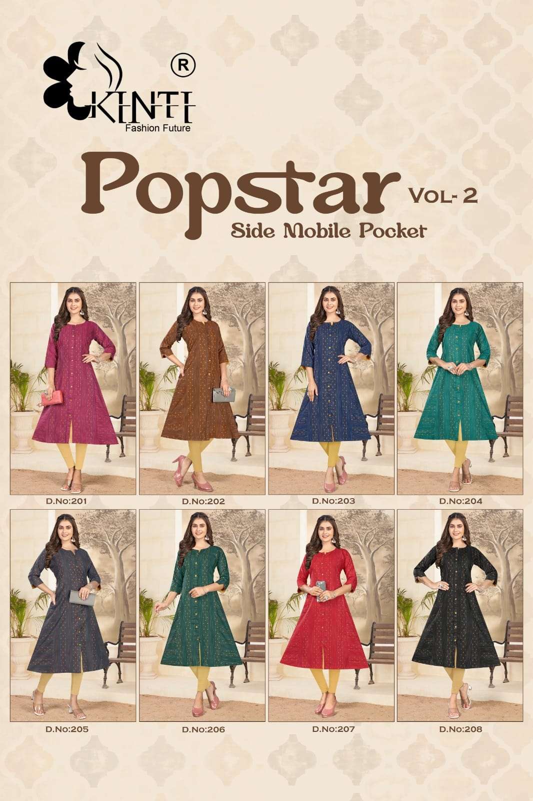 popstar Vol-2 By Kinti 201 To 208 Series Beautiful Stylish Fancy Colorful Casual Wear & Ethnic Wear Handloom Kurtis At Wholesale Price