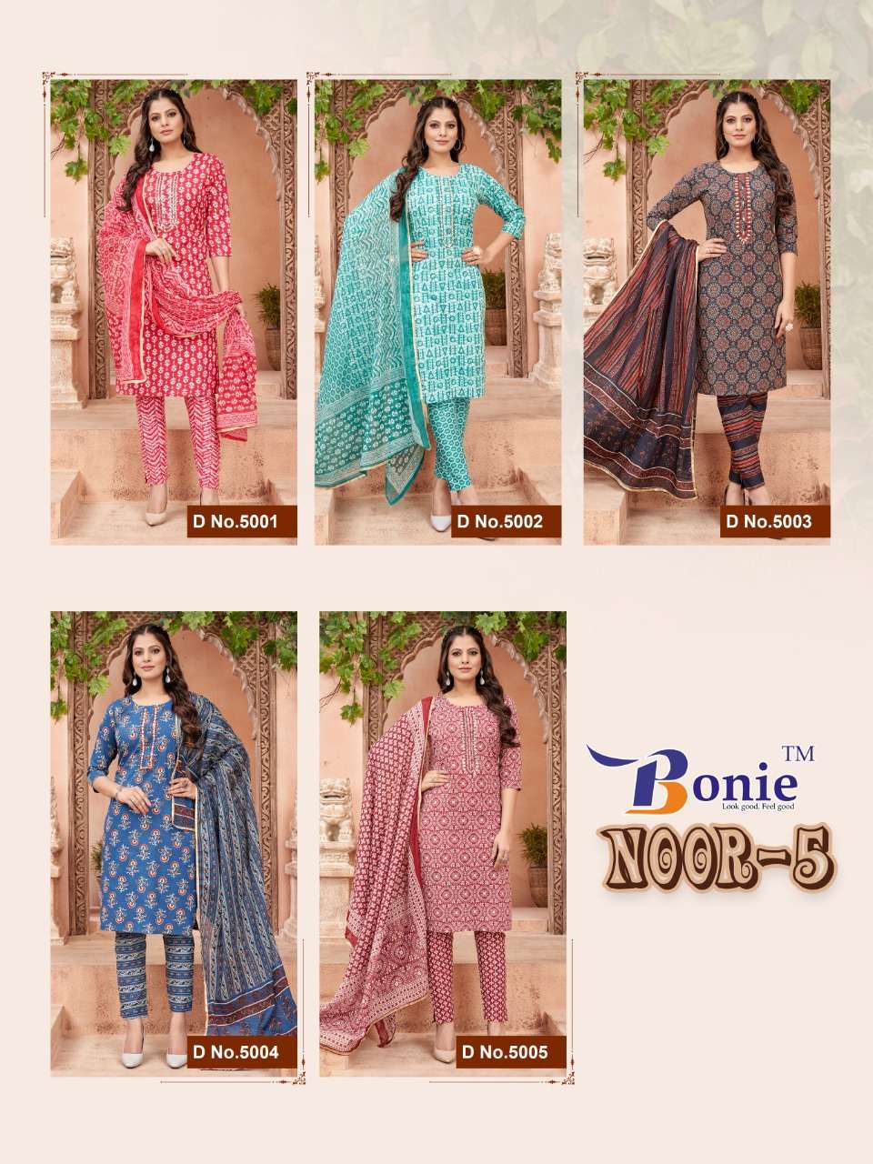 Noor Vol-5 By Bonie 5001 To 5005 Series Beautiful Festive Suits Colorful Stylish Fancy Casual Wear & Ethnic Wear Cotton Print Dresses At Wholesale Price