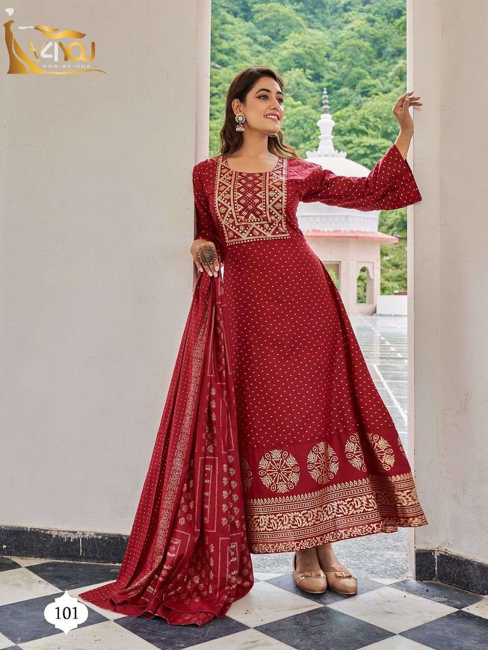 Studio By V4You 101 To 108 Series Beautiful Stylish Fancy Colorful Casual Wear & Ethnic Wear Rayon Print Gowns With Dupatta At Wholesale Price