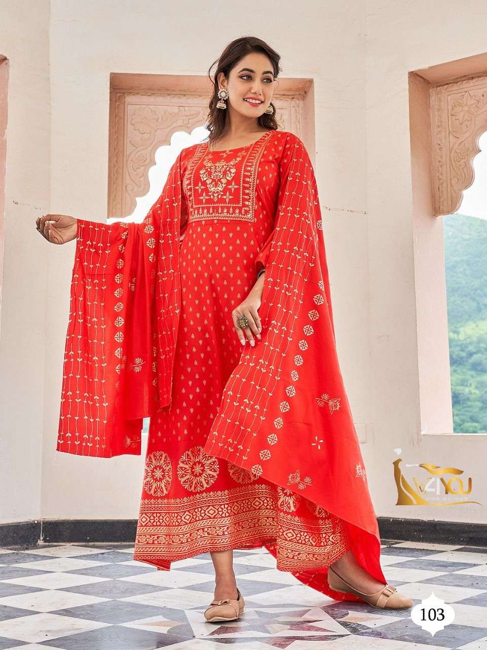 Studio By V4You 101 To 108 Series Beautiful Stylish Fancy Colorful Casual Wear & Ethnic Wear Rayon Print Gowns With Dupatta At Wholesale Price