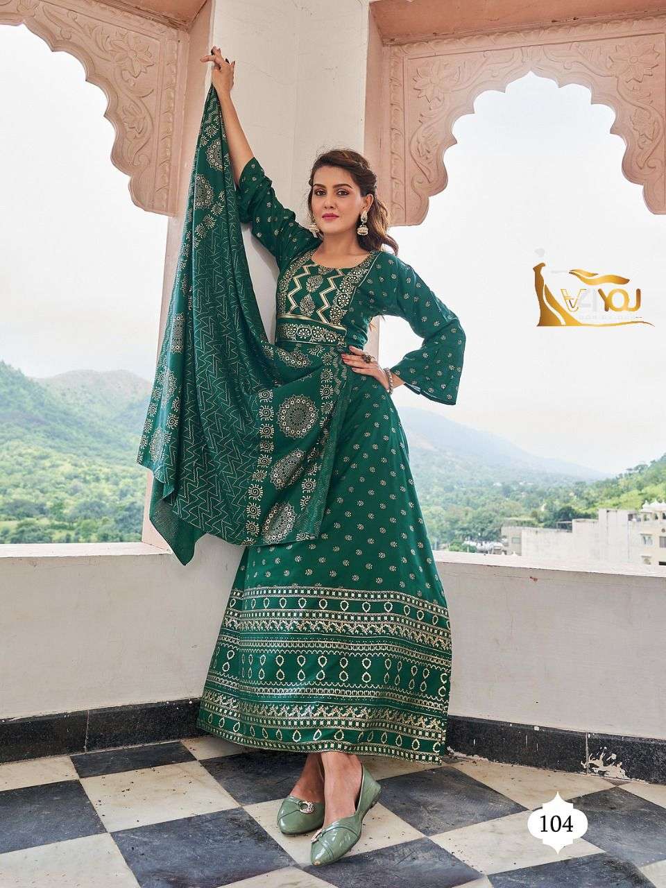 Studio By V4You 101 To 108 Series Beautiful Stylish Fancy Colorful Casual Wear & Ethnic Wear Rayon Print Gowns With Dupatta At Wholesale Price