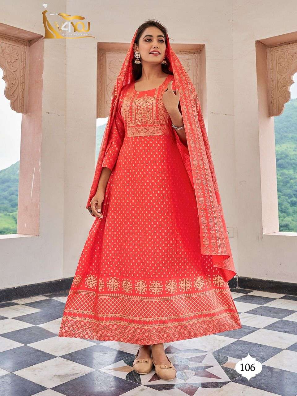 Studio By V4You 101 To 108 Series Beautiful Stylish Fancy Colorful Casual Wear & Ethnic Wear Rayon Print Gowns With Dupatta At Wholesale Price
