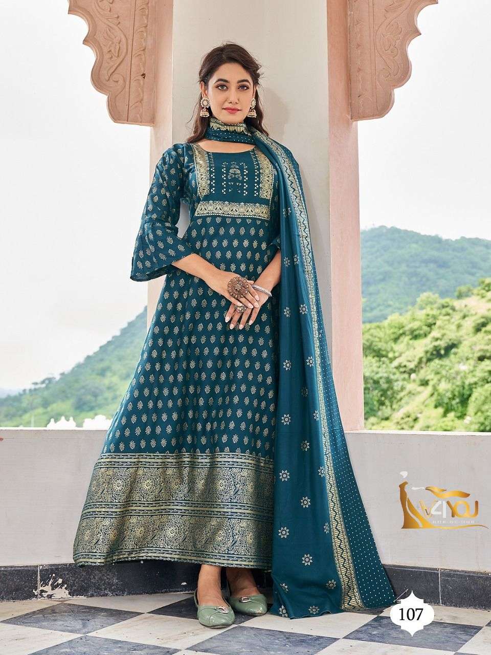 Studio By V4You 101 To 108 Series Beautiful Stylish Fancy Colorful Casual Wear & Ethnic Wear Rayon Print Gowns With Dupatta At Wholesale Price