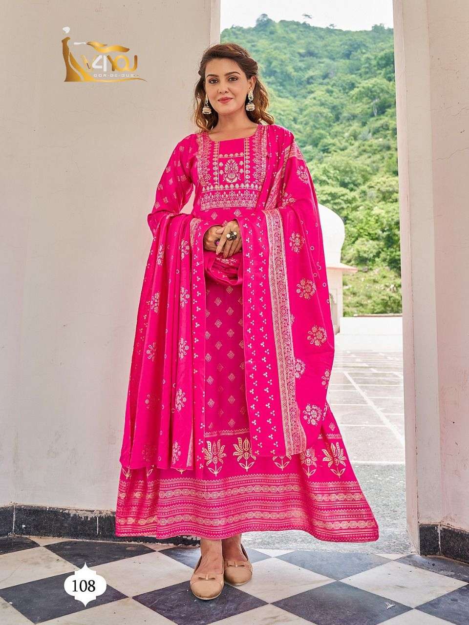 Studio By V4You 101 To 108 Series Beautiful Stylish Fancy Colorful Casual Wear & Ethnic Wear Rayon Print Gowns With Dupatta At Wholesale Price