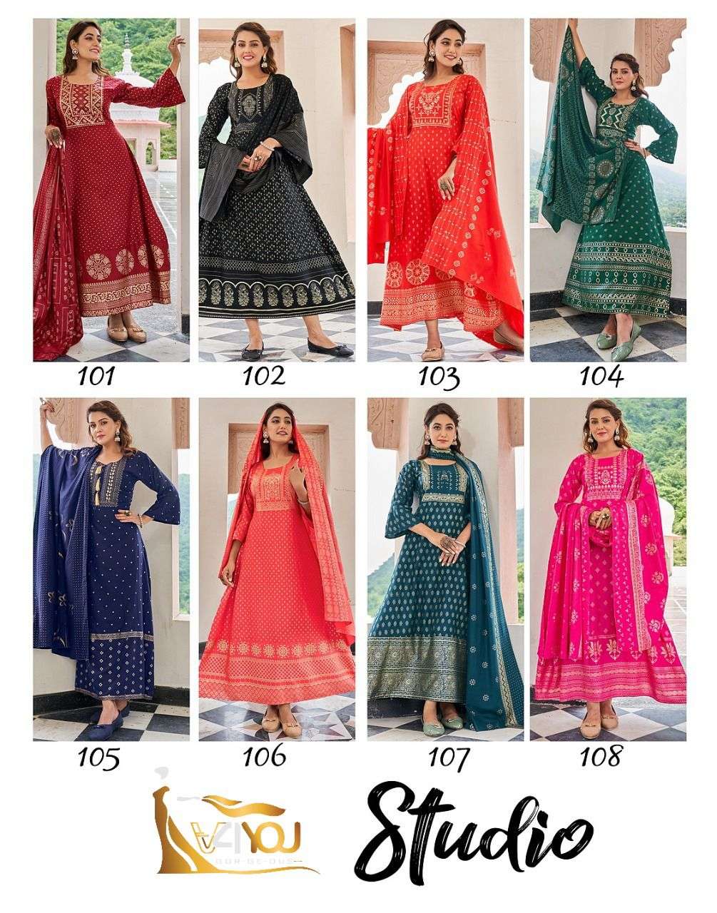Studio By V4You 101 To 108 Series Beautiful Stylish Fancy Colorful Casual Wear & Ethnic Wear Rayon Print Gowns With Dupatta At Wholesale Price