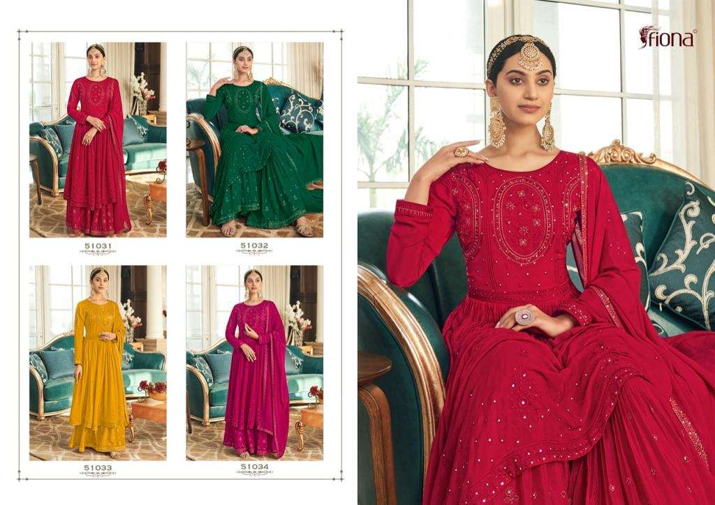 Sahana By Fiona 51031 To 51034 Series Designer Sharara Suits Collection Beautiful Stylish Fancy Colorful Party Wear & Occasional Wear Chinnon Embroidered Dresses At Wholesale Price