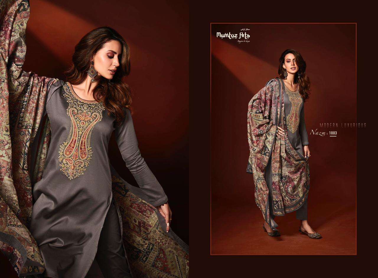 Nazm By Mumtaz Arts 1001 To 1007 Series Designer Festive Suits Beautiful Stylish Fancy Colorful Party Wear & Occasional Wear Viscose Jam Satin Print Dresses At Wholesale Price