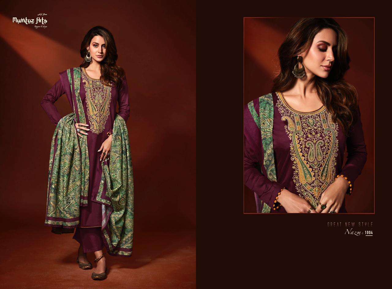 Nazm By Mumtaz Arts 1001 To 1007 Series Designer Festive Suits Beautiful Stylish Fancy Colorful Party Wear & Occasional Wear Viscose Jam Satin Print Dresses At Wholesale Price