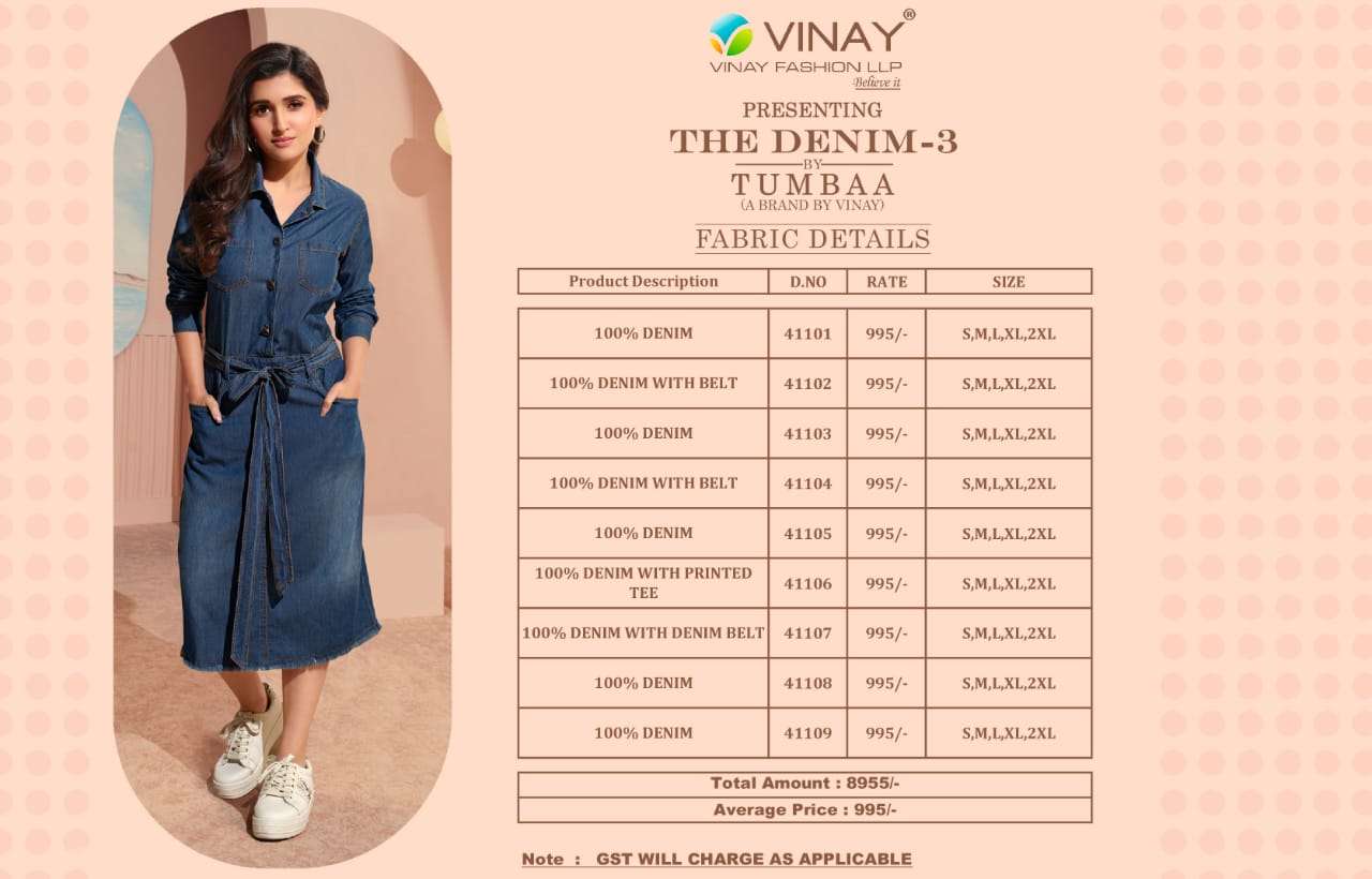 Tumbaa Denim Vol-3 By Vinay Fashion 41101 To 41109 Series Beautiful Stylish Fancy Colorful Casual Wear & Ethnic Wear Denim Kurtis At Wholesale Price