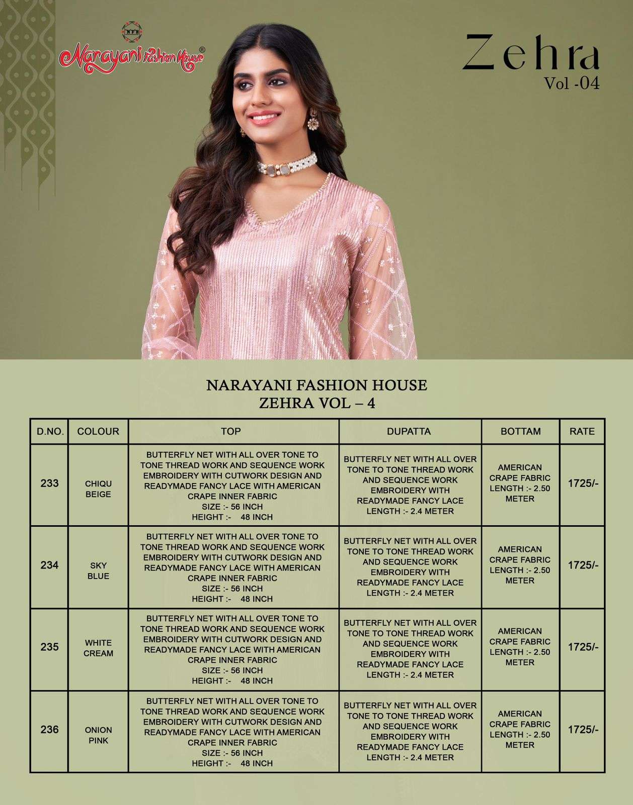 Zehra Vol-4 By Narayani Fashion House 233 To 236 Series Beautiful Suits Colorful Stylish Fancy Casual Wear & Ethnic Wear Net Embroidered Dresses At Wholesale Price