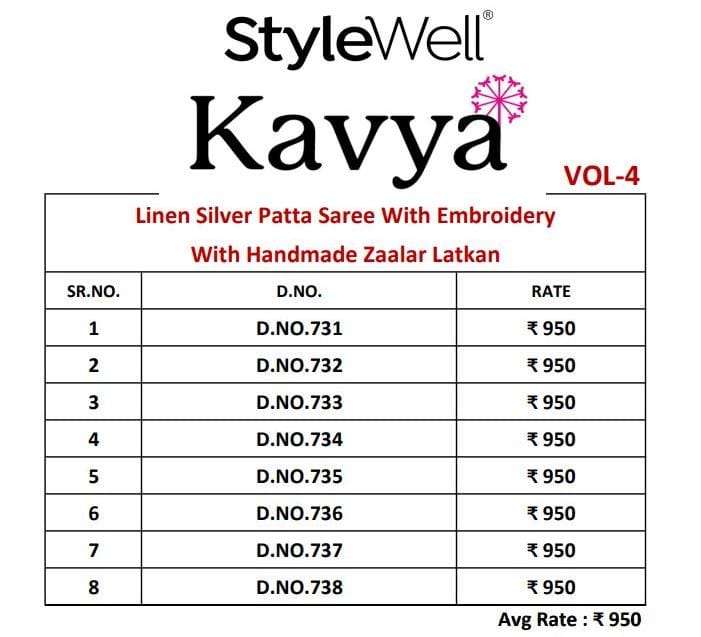 Kavya Vol-4 By Stylewell 731 To 738 Series Indian Traditional Wear Collection Beautiful Stylish Fancy Colorful Party Wear & Occasional Wear Linen Sarees At Wholesale Price