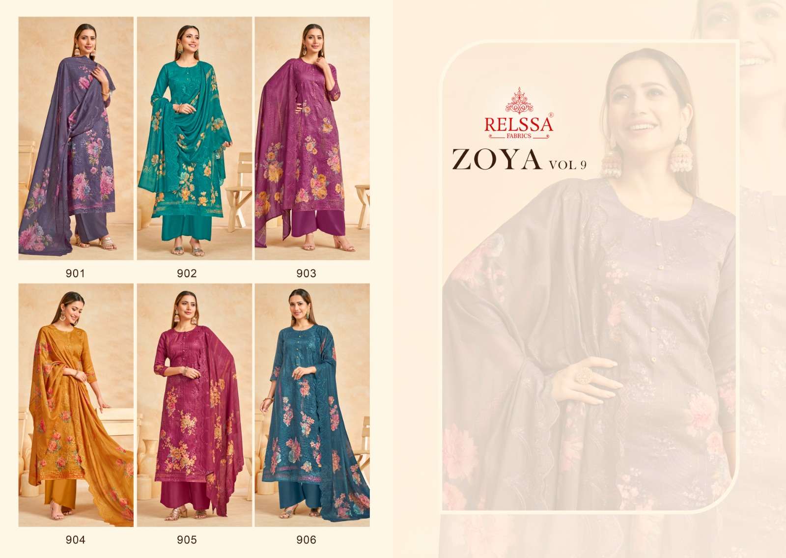 Zoya Vol-9 By Relssa Fabrics 901 To 906 Series Designer Festive Suits Collection Beautiful Stylish Colorful Fancy Party Wear & Occasional Wear Satin Cotton Dresses At Wholesale Price
