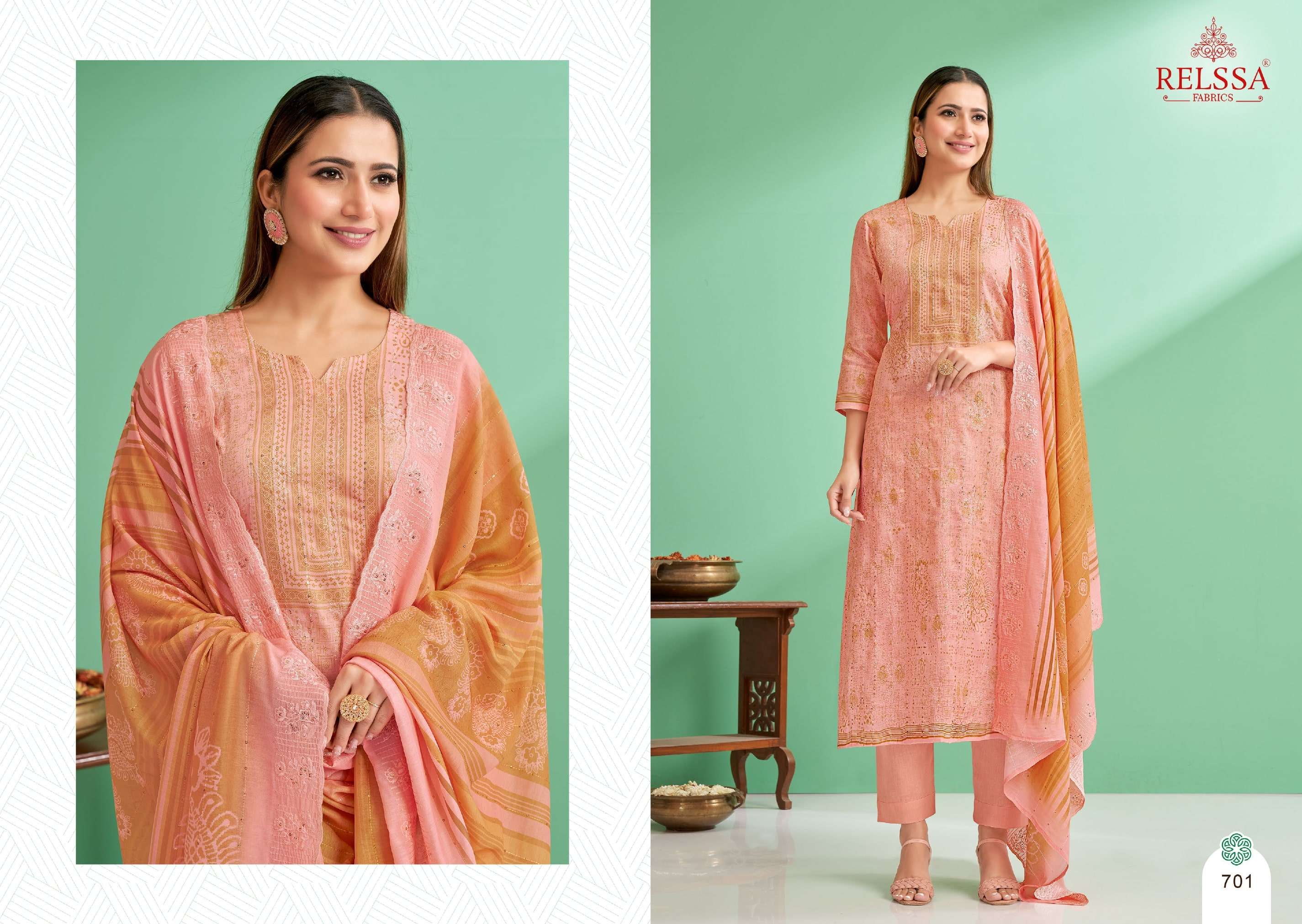 Zoya Vol-7 By Relssa Fabrics 701 To 706 Series Designer Festive Suits Collection Beautiful Stylish Colorful Fancy Party Wear & Occasional Wear Satin Cotton Dresses At Wholesale Price