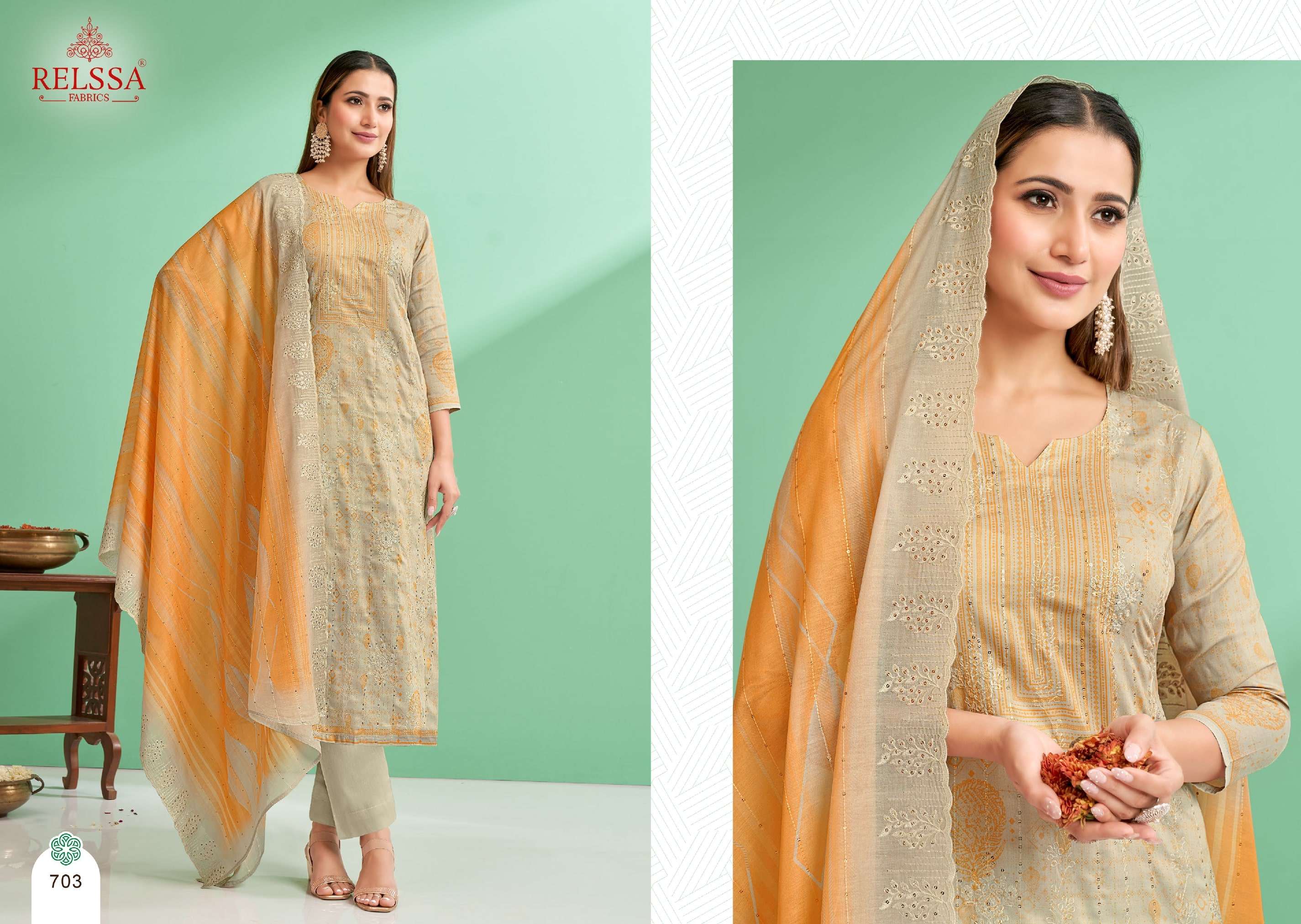 Zoya Vol-7 By Relssa Fabrics 701 To 706 Series Designer Festive Suits Collection Beautiful Stylish Colorful Fancy Party Wear & Occasional Wear Satin Cotton Dresses At Wholesale Price