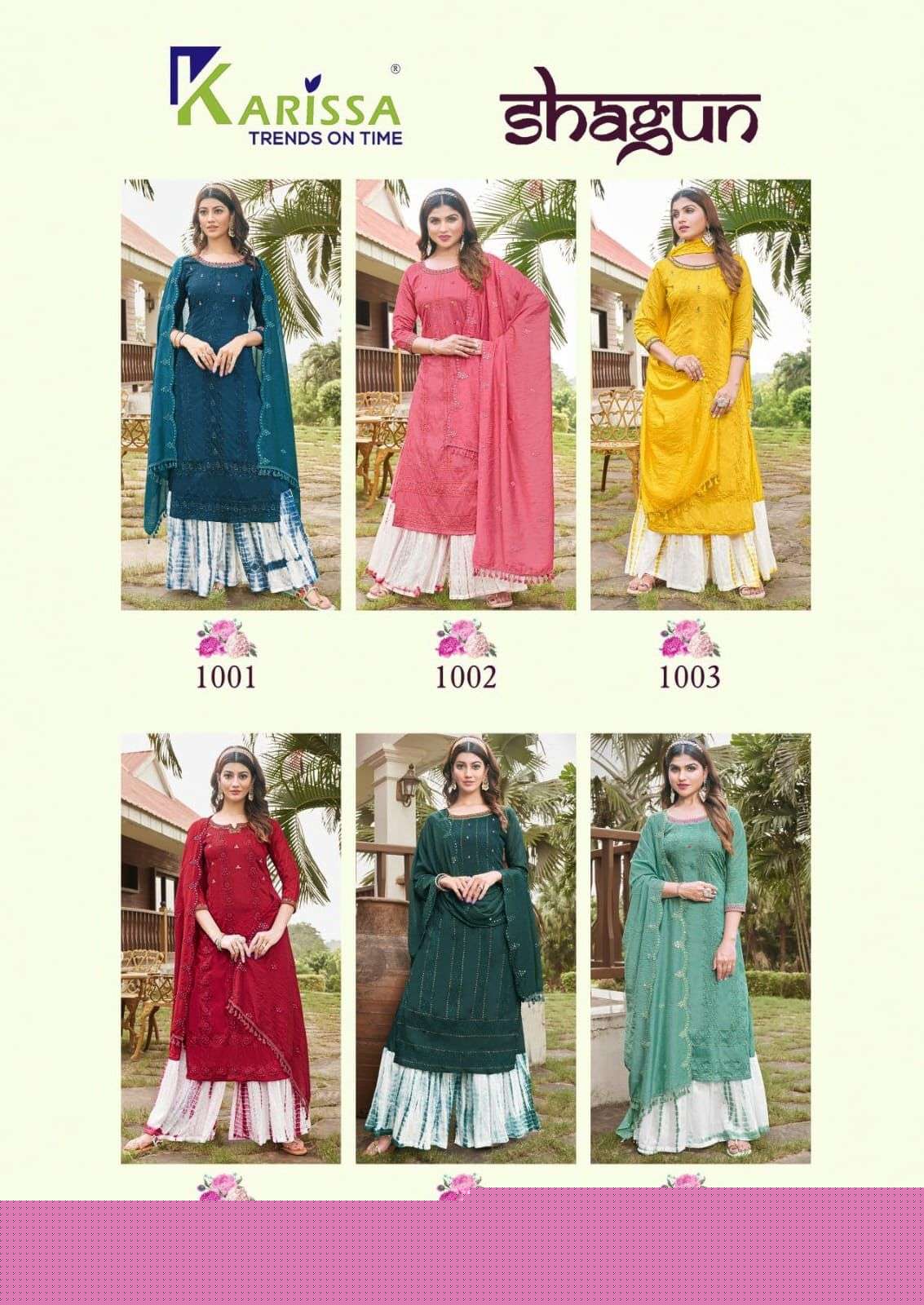 Shagun By Karissa 1001 To 1006 Series Sharara Suits Beautiful Fancy Colorful Stylish Party Wear & Occasional Wear Premium Visocse Silk Dresses At Wholesale Price