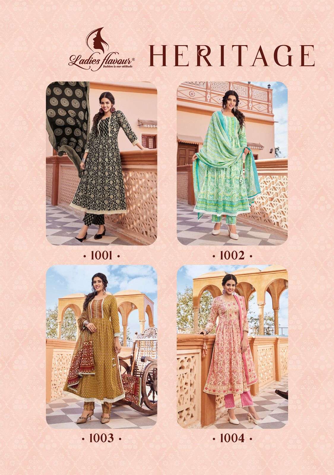 Heritage By Ladies Flavour 1001 To 1004 Series Suits Beautiful Fancy Colorful Stylish Party Wear & Occasional Wear Pure Cotton Print Dresses At Wholesale Price