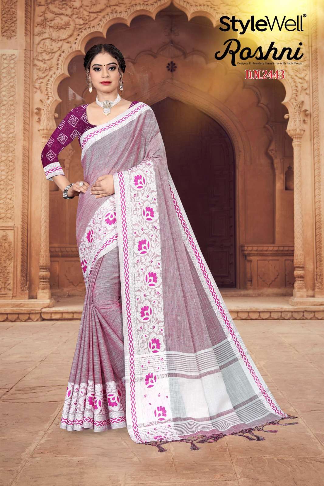 Roshni By Stylewell 2441 To 2447 Series Indian Traditional Wear Collection Beautiful Stylish Fancy Colorful Party Wear & Occasional Wear Linen Sarees At Wholesale Price