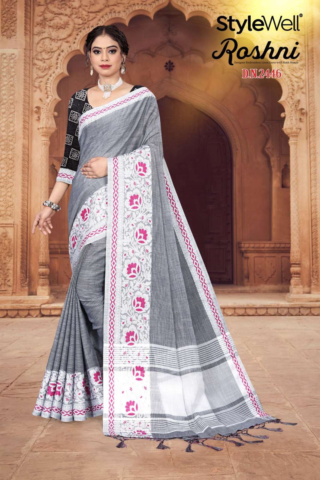 Roshni By Stylewell 2441 To 2447 Series Indian Traditional Wear Collection Beautiful Stylish Fancy Colorful Party Wear & Occasional Wear Linen Sarees At Wholesale Price