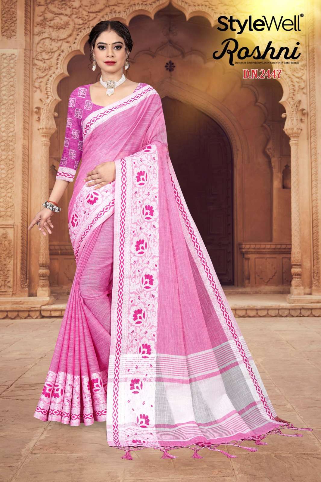Roshni By Stylewell 2441 To 2447 Series Indian Traditional Wear Collection Beautiful Stylish Fancy Colorful Party Wear & Occasional Wear Linen Sarees At Wholesale Price