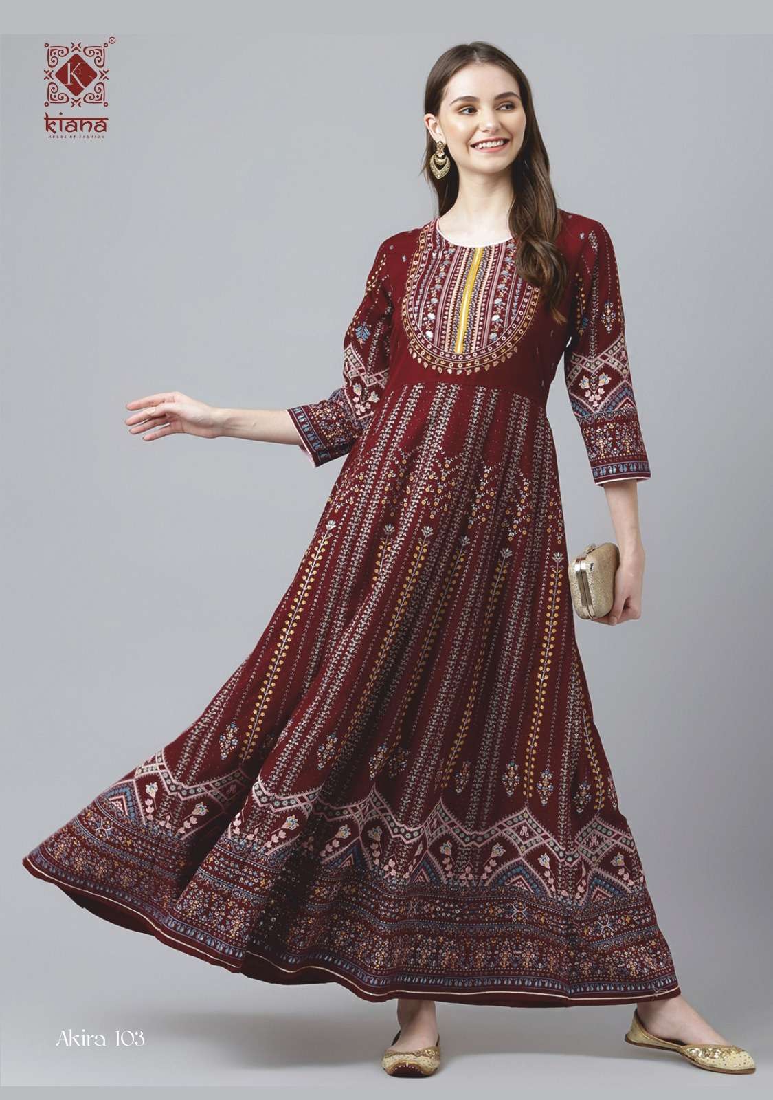 Akira By Kiana 101 To 106 Series Beautiful Stylish Fancy Colorful Casual Wear & Ethnic Wear Rayon Print Gowns At Wholesale Price