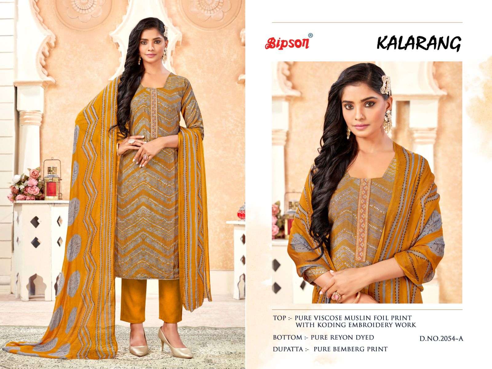 Kalarang-2054 By Bipson 2054-A To 2054-D Series Beautiful Stylish Festive Suits Fancy Colorful Casual Wear & Ethnic Wear & Ready To Wear Pure Visocse Muslin Print With Embroidered Dresses At Wholesale Price