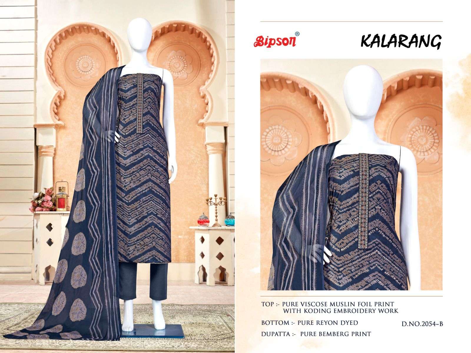 Kalarang-2054 By Bipson 2054-A To 2054-D Series Beautiful Stylish Festive Suits Fancy Colorful Casual Wear & Ethnic Wear & Ready To Wear Pure Visocse Muslin Print With Embroidered Dresses At Wholesale Price