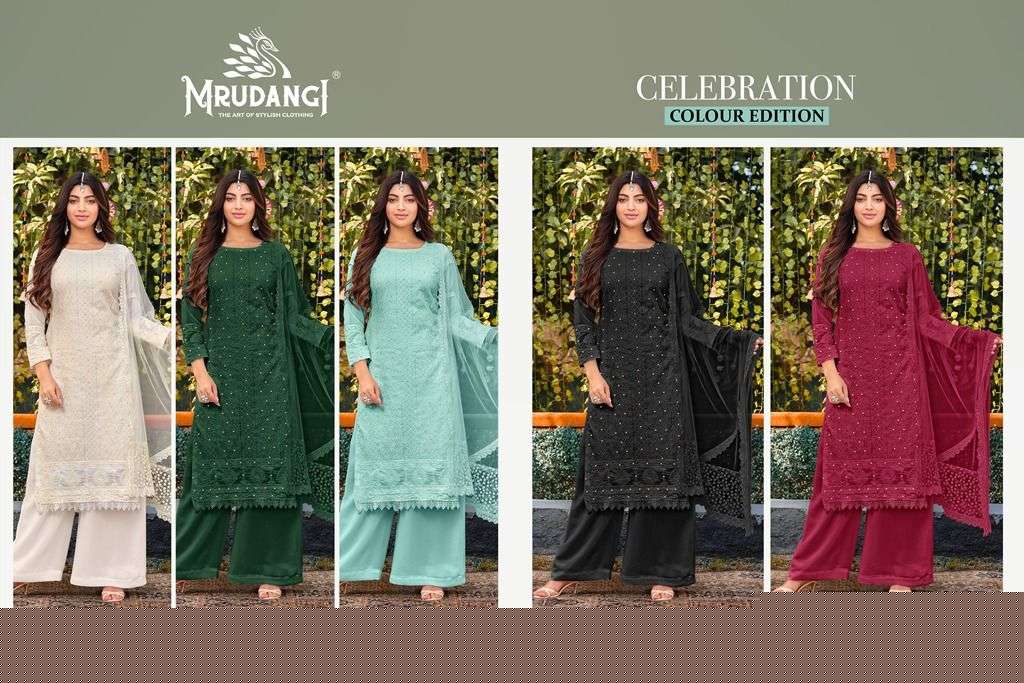 Celebration 2041 Colours By Mrudangi 2041-A To 2041-E Series Beautiful Suits Colorful Stylish Fancy Casual Wear & Ethnic Wear Heavy Faux Georgette Embroidered Dresses At Wholesale Price