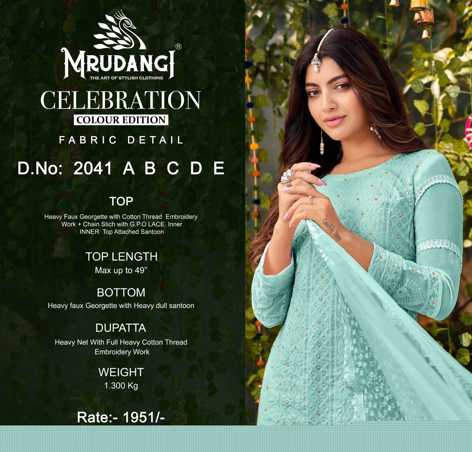 Celebration 2041 Colours By Mrudangi 2041-A To 2041-E Series Beautiful Suits Colorful Stylish Fancy Casual Wear & Ethnic Wear Heavy Faux Georgette Embroidered Dresses At Wholesale Price