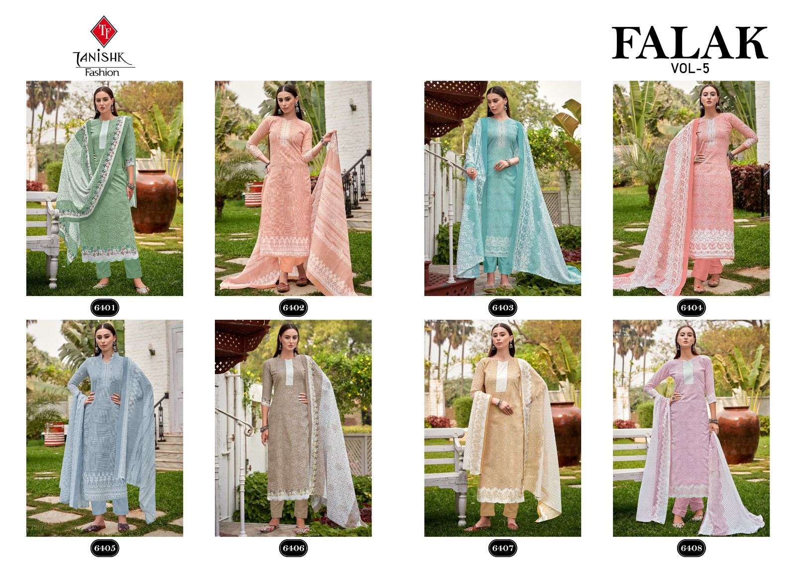 Falak Vol-5 By Tanishk Fashion 6401 To 6408 Series Designer Suits Collection Beautiful Stylish Fancy Colorful Party Wear & Occasional Wear Cotton Print Dresses At Wholesale Price