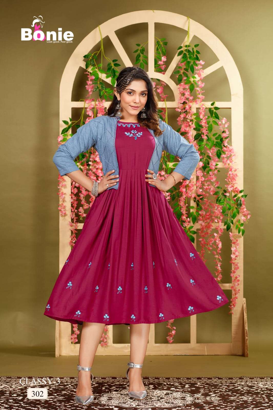 Classy Vol-3 By Bonie 301 To 306 Series Designer Stylish Fancy Colorful Beautiful Party Wear & Ethnic Wear Collection Fancy Kurtis With Jackets At Wholesale Price