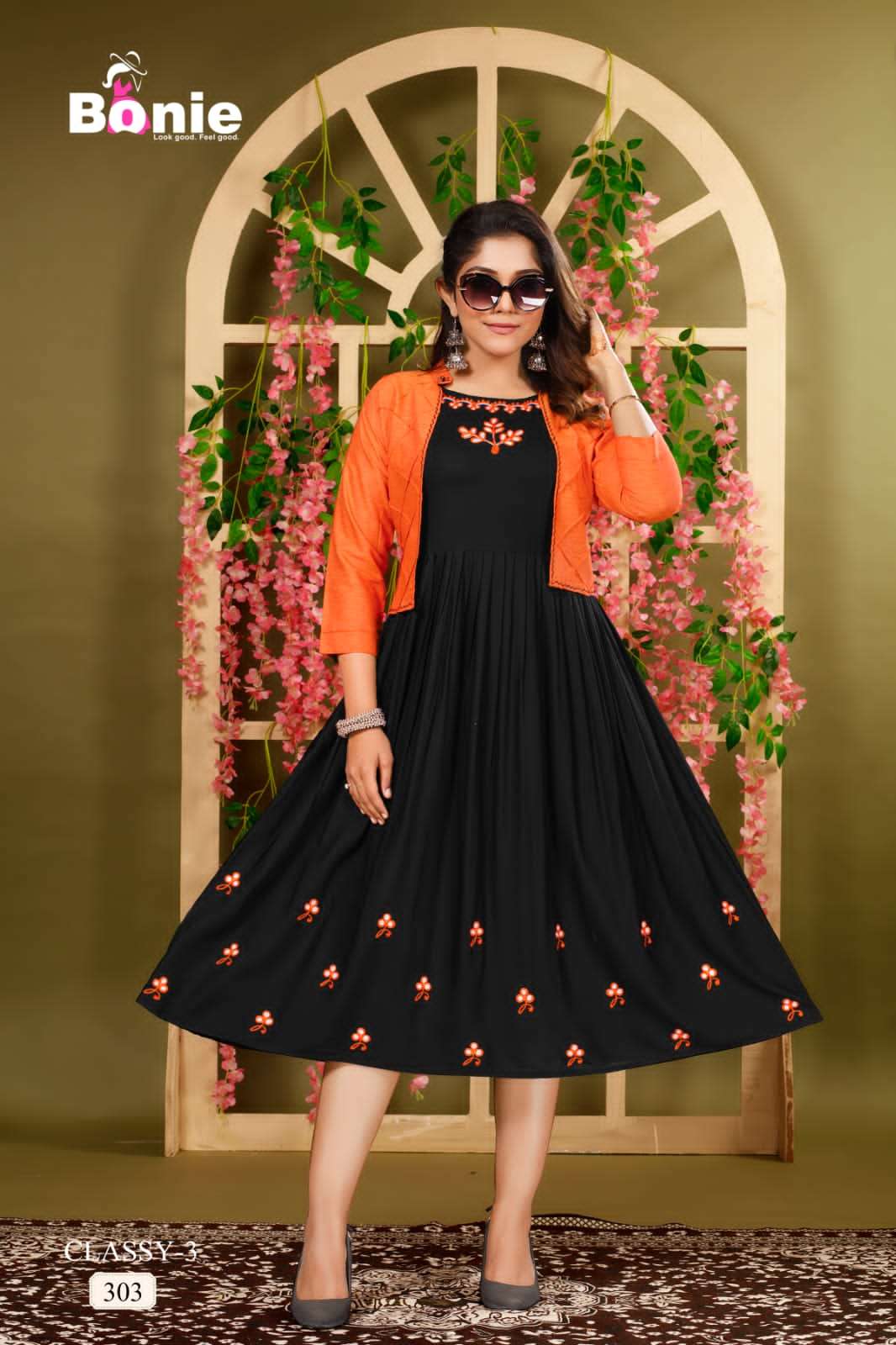 Classy Vol-3 By Bonie 301 To 306 Series Designer Stylish Fancy Colorful Beautiful Party Wear & Ethnic Wear Collection Fancy Kurtis With Jackets At Wholesale Price