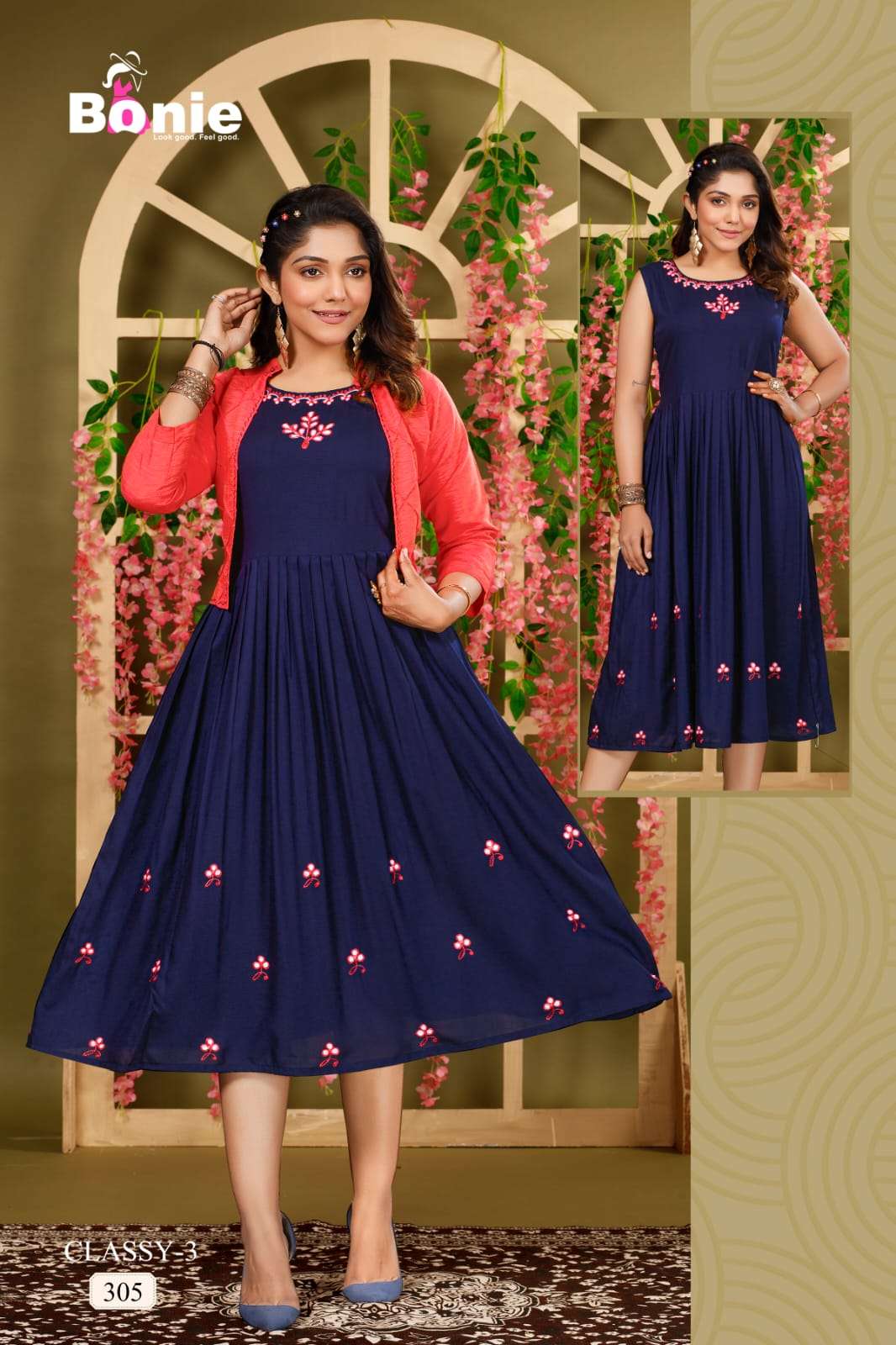 Classy Vol-3 By Bonie 301 To 306 Series Designer Stylish Fancy Colorful Beautiful Party Wear & Ethnic Wear Collection Fancy Kurtis With Jackets At Wholesale Price