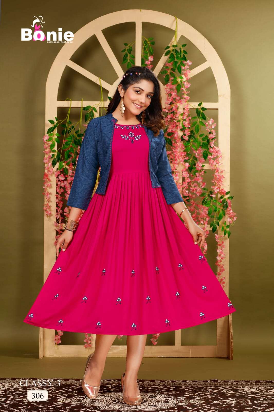 Classy Vol-3 By Bonie 301 To 306 Series Designer Stylish Fancy Colorful Beautiful Party Wear & Ethnic Wear Collection Fancy Kurtis With Jackets At Wholesale Price