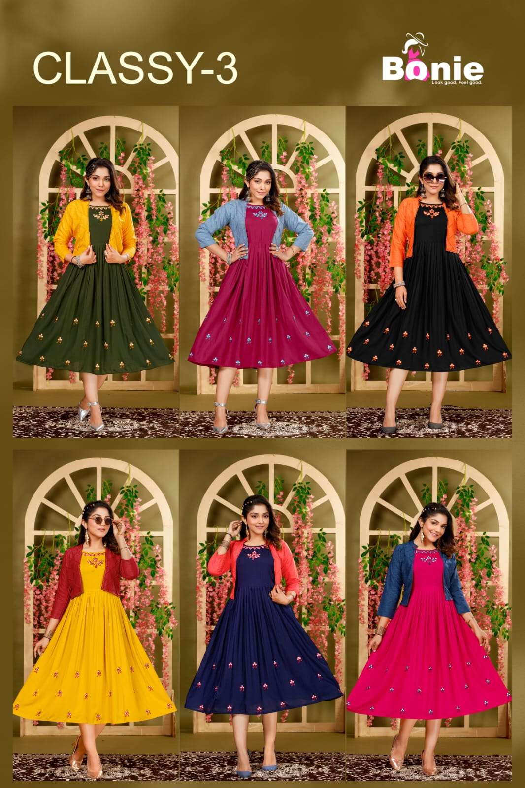 Classy Vol-3 By Bonie 301 To 306 Series Designer Stylish Fancy Colorful Beautiful Party Wear & Ethnic Wear Collection Fancy Kurtis With Jackets At Wholesale Price