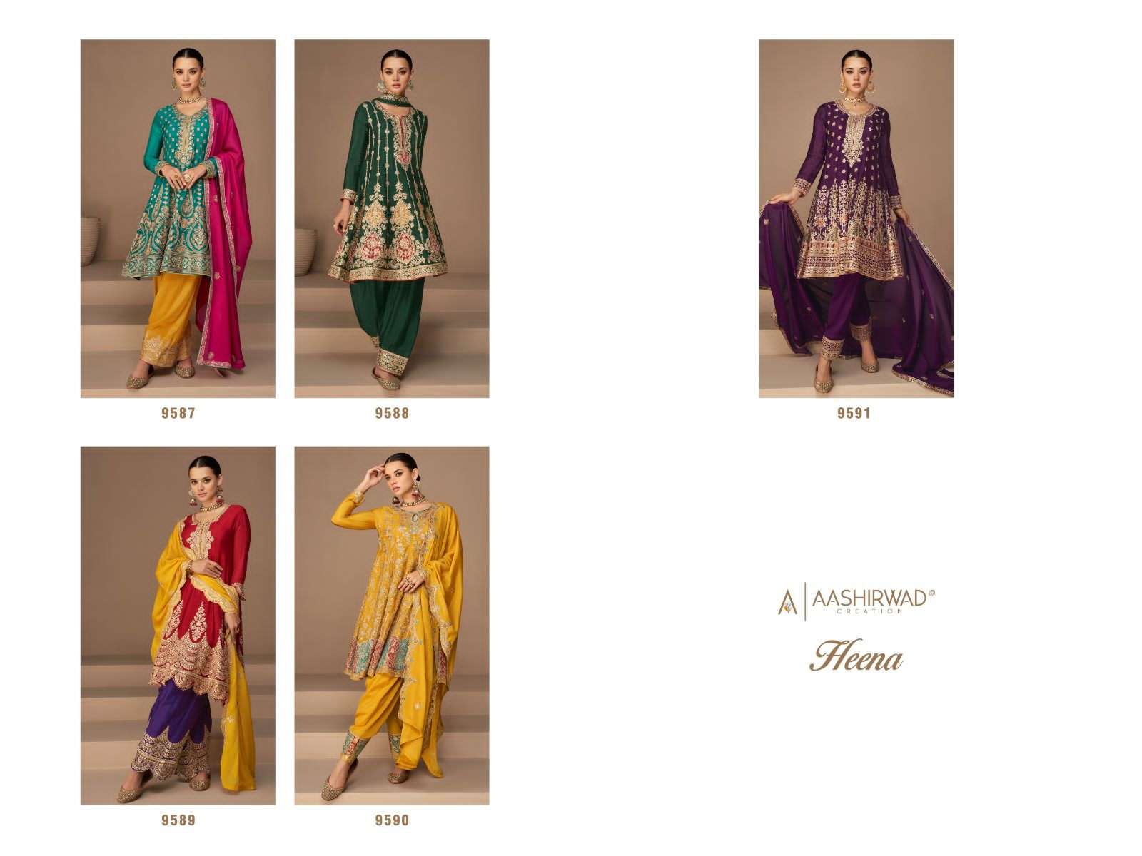 Heena By Aashirwad Creation 9587 To 9591 Series Beautiful Suits Colorful Stylish Fancy Casual Wear & Ethnic Wear Chinnon Silk Dresses At Wholesale Price