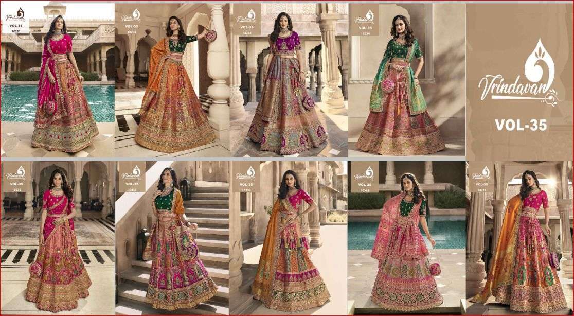 Vrindavan Vol-35 By Vrindavan 10231 To 10239 Series Indian Traditional Beautiful Stylish Designer Banarasi Silk Jacquard Embroidered Party Wear Banarasi Silk Lehengas At Wholesale Price